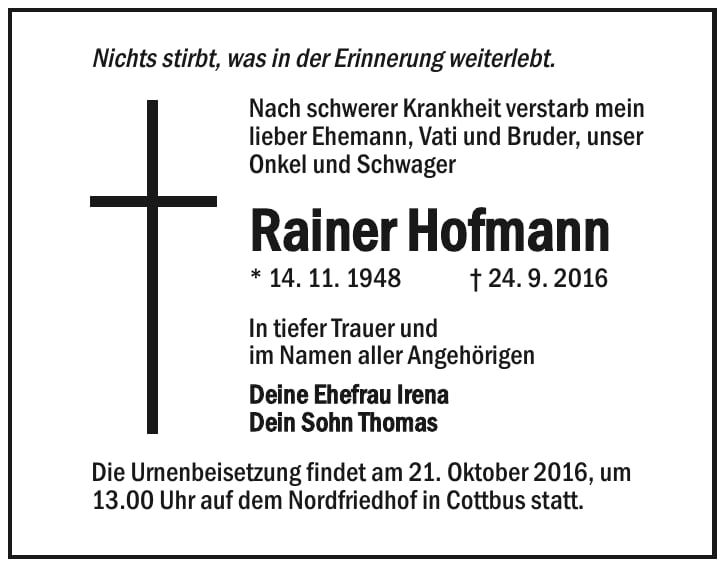 Traueranzeige Rainer Hofmann
