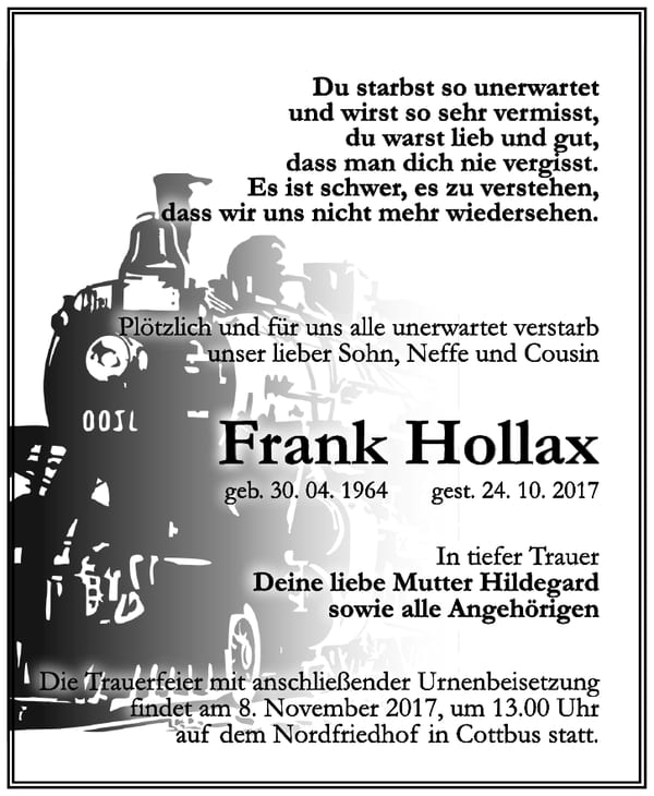 Traueranzeige Frank Hollax