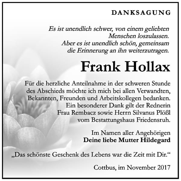 Danksagung Frank Hollax