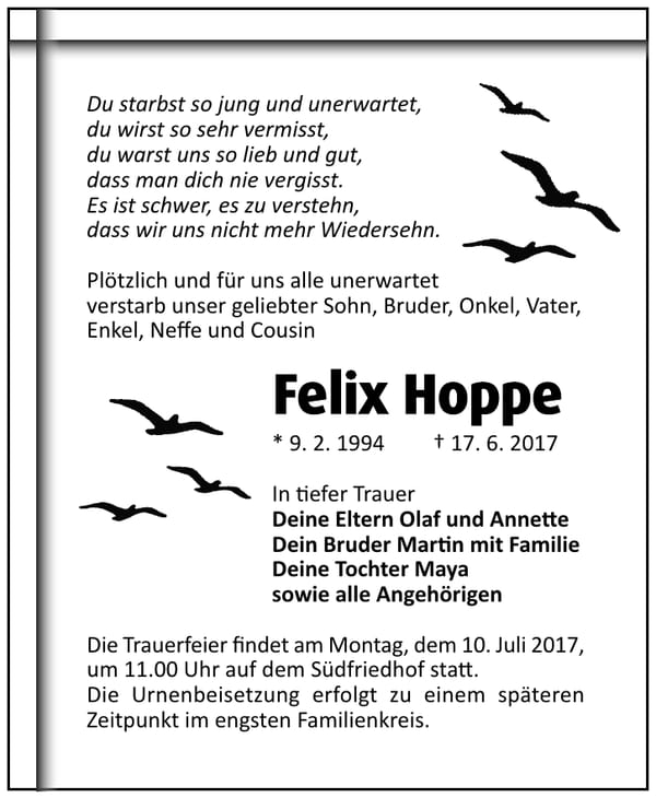 Traueranzeige Felix Hoppe