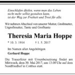 Traueranzeige Theresia Maria Hoppe