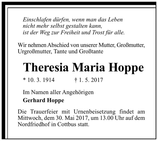 Traueranzeige Theresia Maria Hoppe