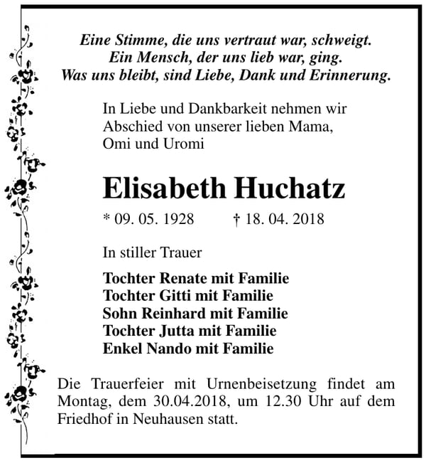 Traueranzeige Elisabeth Huchatz