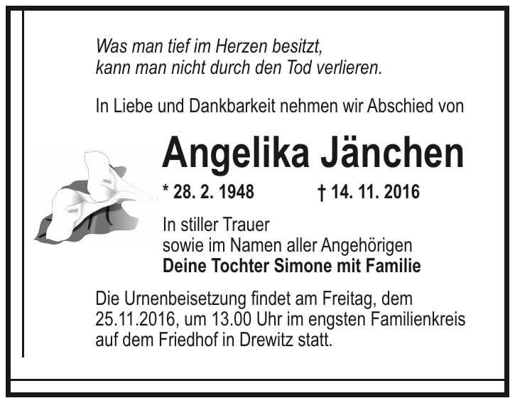 Traueranzeige Angelika Jänchen