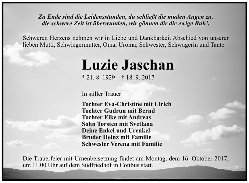 Traueranzeige Luzie Jaschan