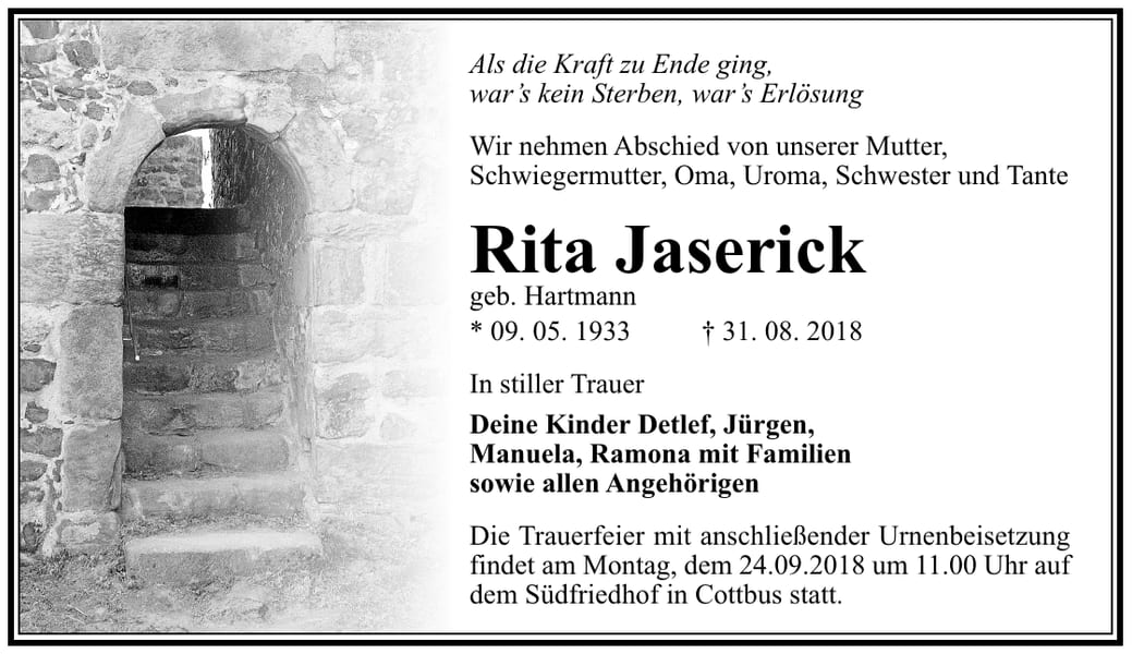 Traueranzeige Rita Jaserick, geb. Hartmann