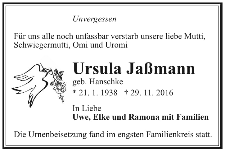 Traueranzeige Ursula Jaßmann, geb. Hanschke
