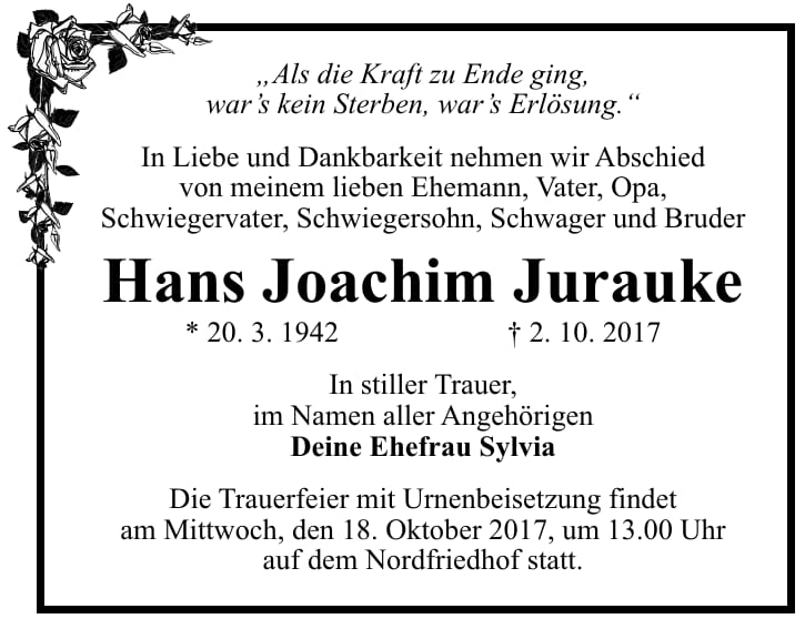 Traueranzeige Hans Joachim Jurauke