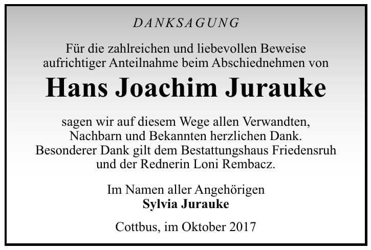 Danksagung Hans Joachim Jurauke