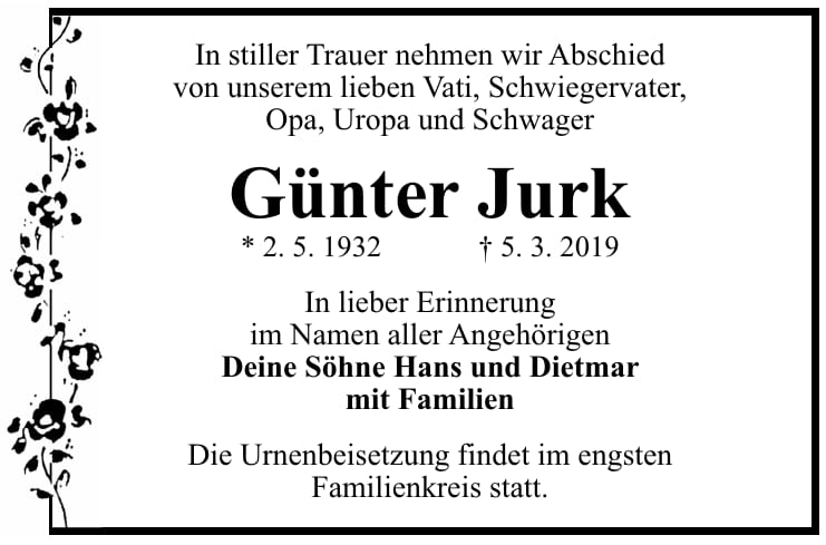 Traueranzeige Günter Jurk