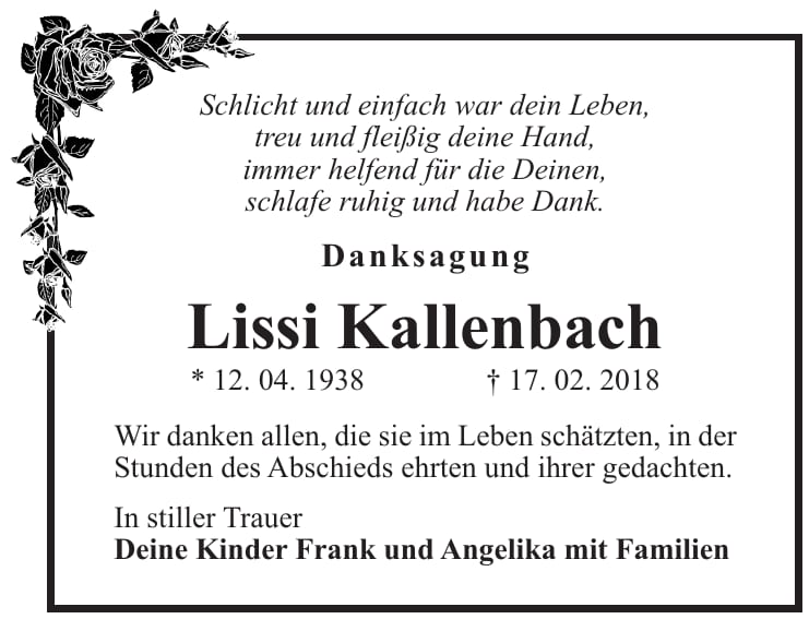 Danksagung Lissi Kallenbach