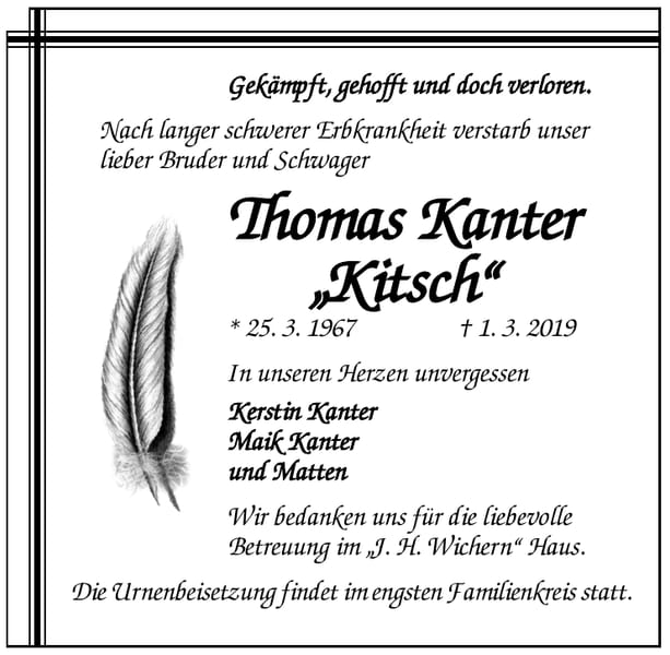 Traueranzeige Thomas Kanter „Kitsch“