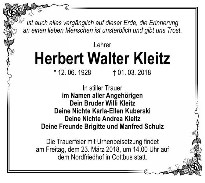 Traueranzeige Herbert Walter Kleitz