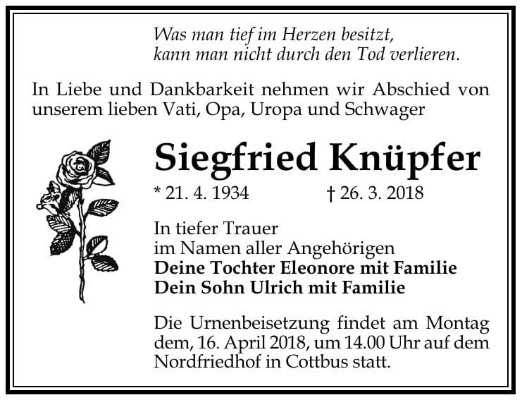 Traueranzeige Siegfried Knüpfer