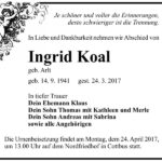 Traueranzeige Ingrid Koal, geb. Arlt