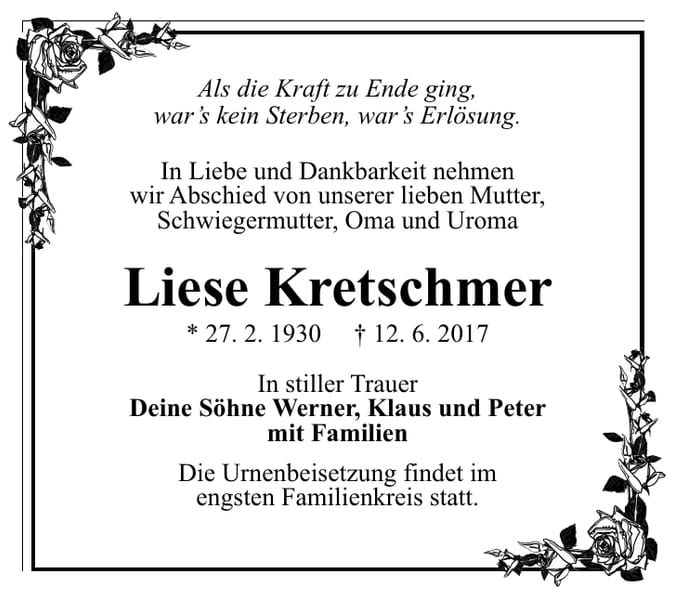 Traueranzeige Liese Kretschmer