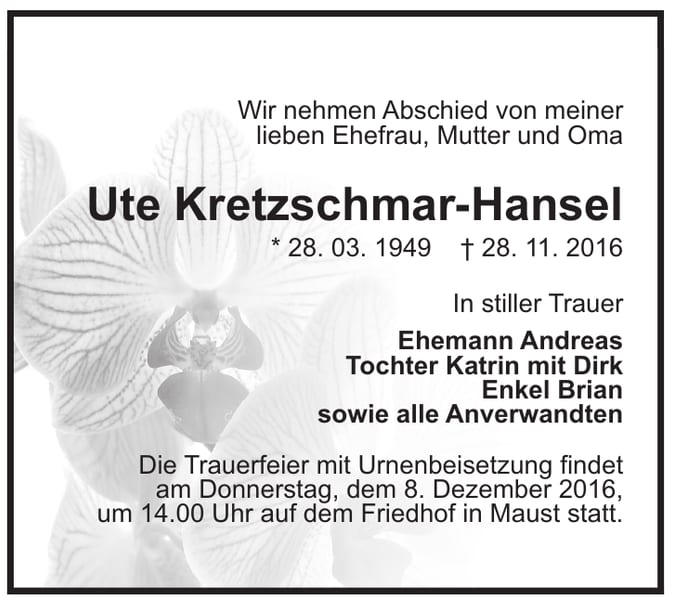 Traueranzeige Ute Kretzschmar-Hansel