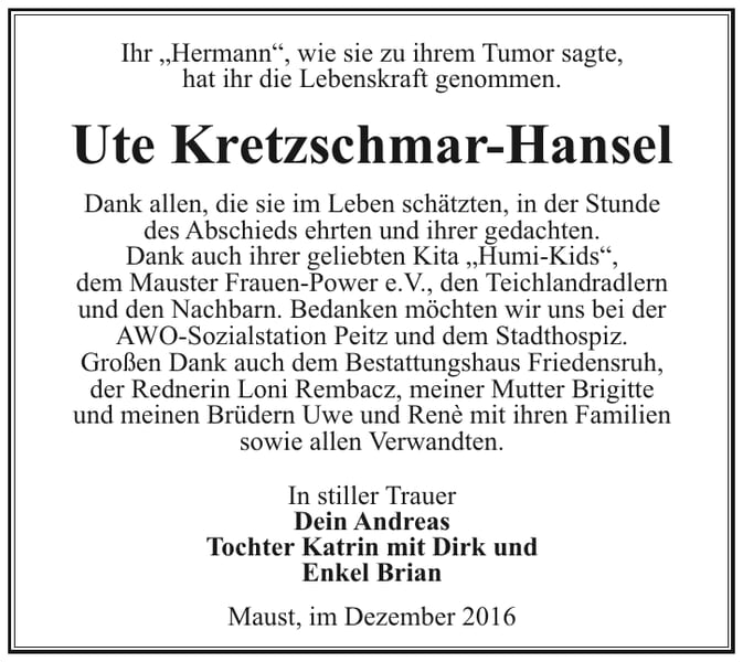 Danksagung Ute Kretzschmar-Hansel
