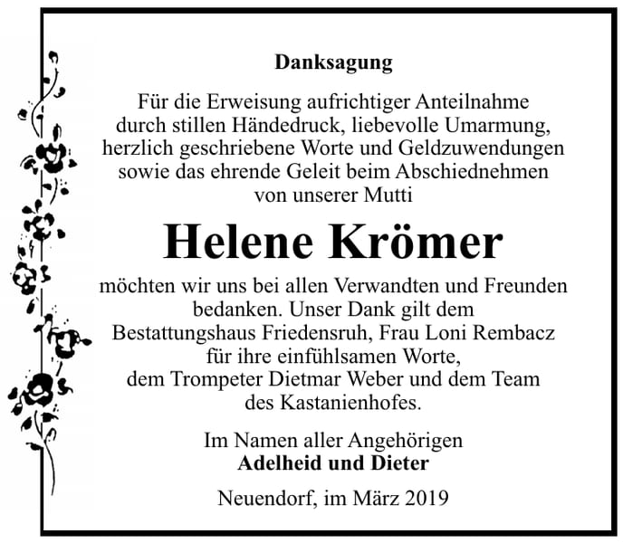 Traueranzeige Helene Krömer