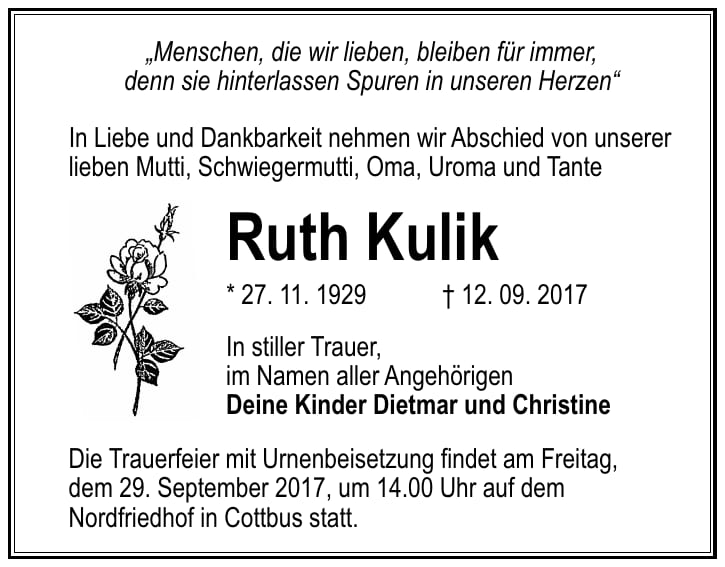 Traueranzeige Ruth Kulik