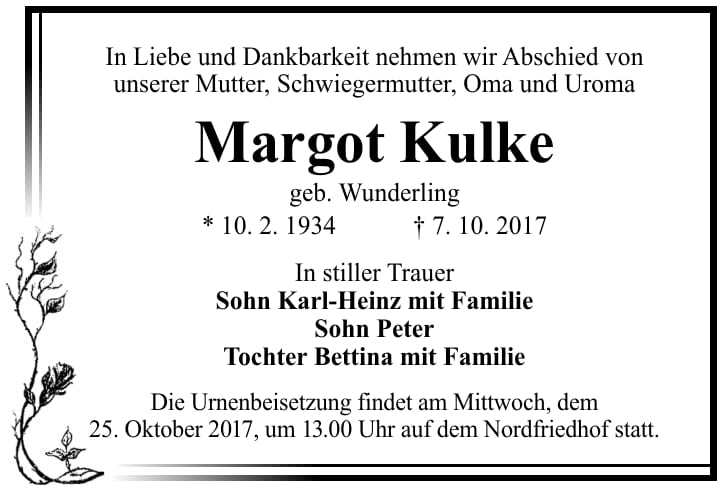 Traueranzeige Margot Kulke, geb. Wunderling