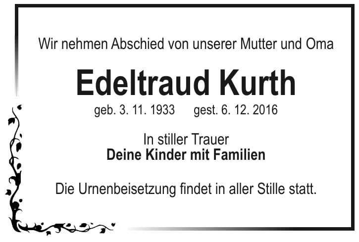 Traueranzeige Edeltraud Kurth