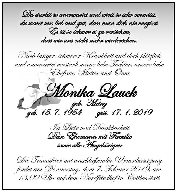 Traueranzeige Monika Lauck, geb. Metag