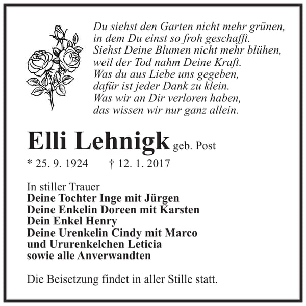 Traueranzeige Elli Lehnigk, geb. Post