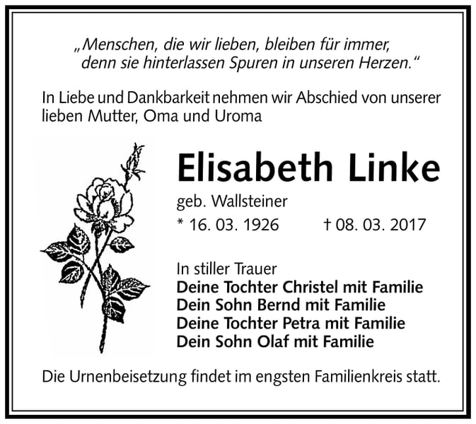 Traueranzeige Elisabeth Linke, geb. Wallsteiner