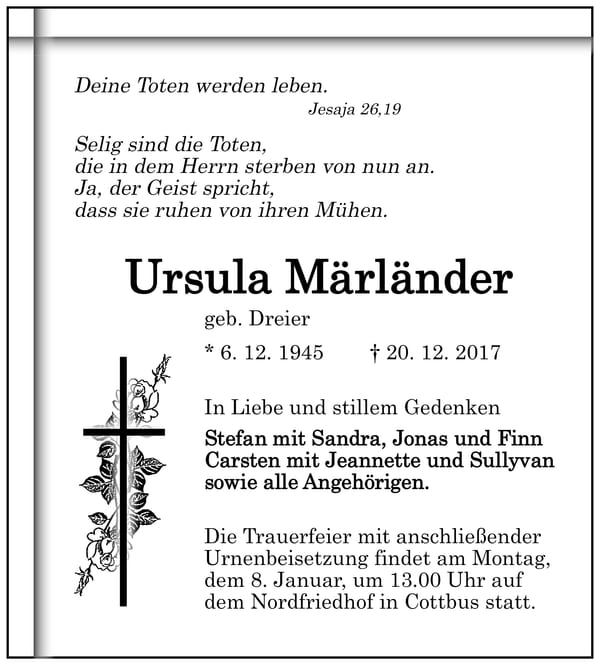 Traueranzeige Ursula Märländer, geb. Dreier