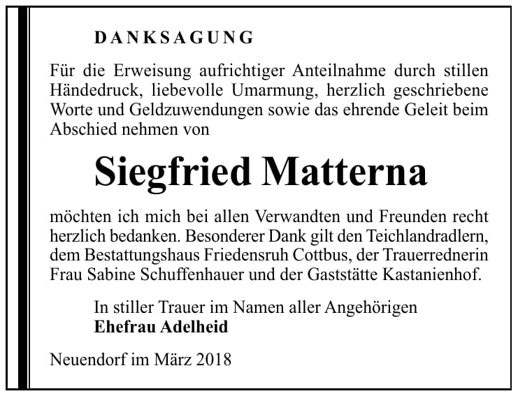 Danksagung Siegfried Matterna
