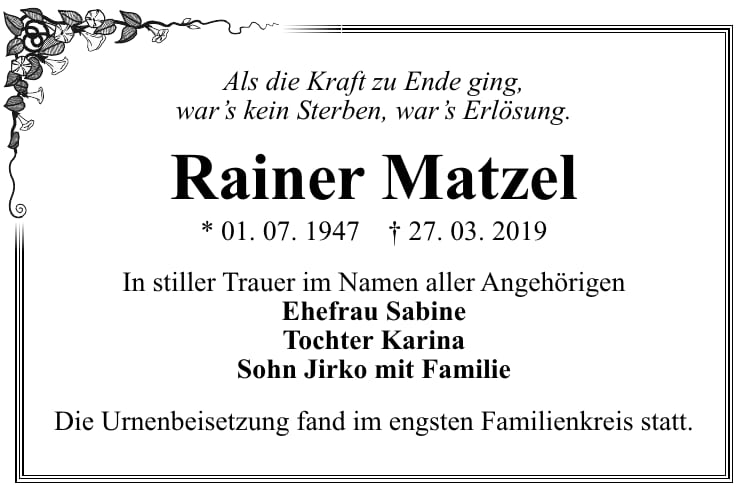 Traueranzeige Rainer Matzel