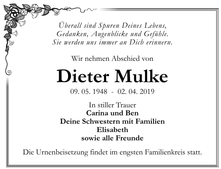 Traueranzeige Dieter Mulke