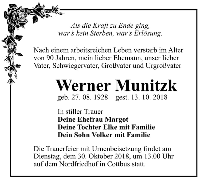 Traueranzeige Werner Munitzk