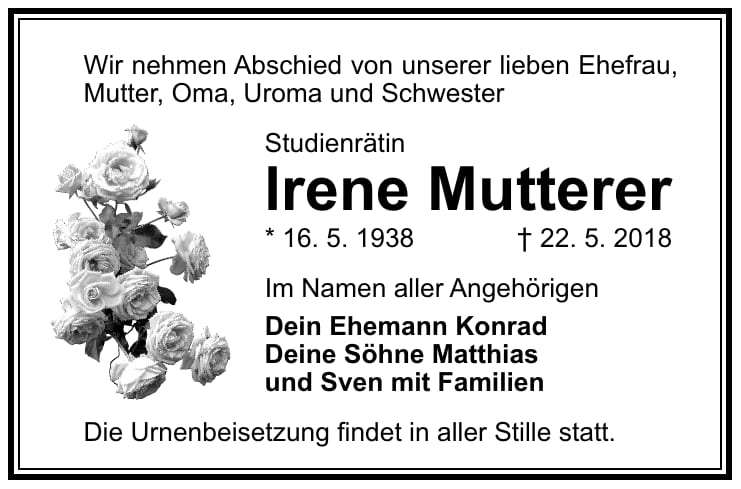 Traueranzeige Irene Mutterer