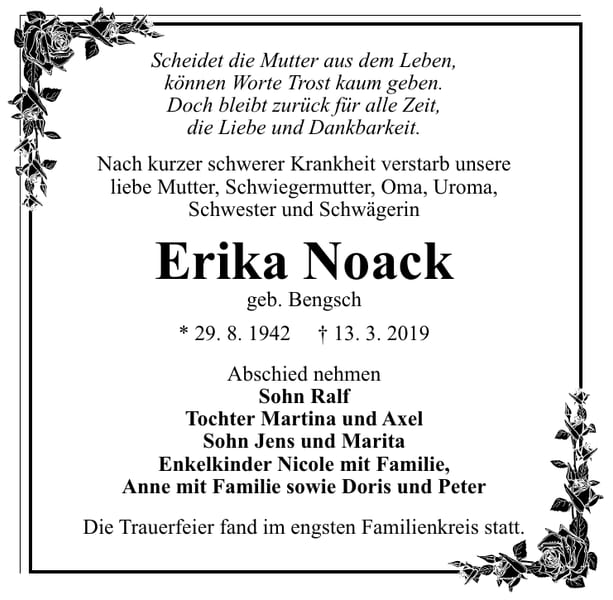 Traueranzeige Erika Noack, geb. Bengsch