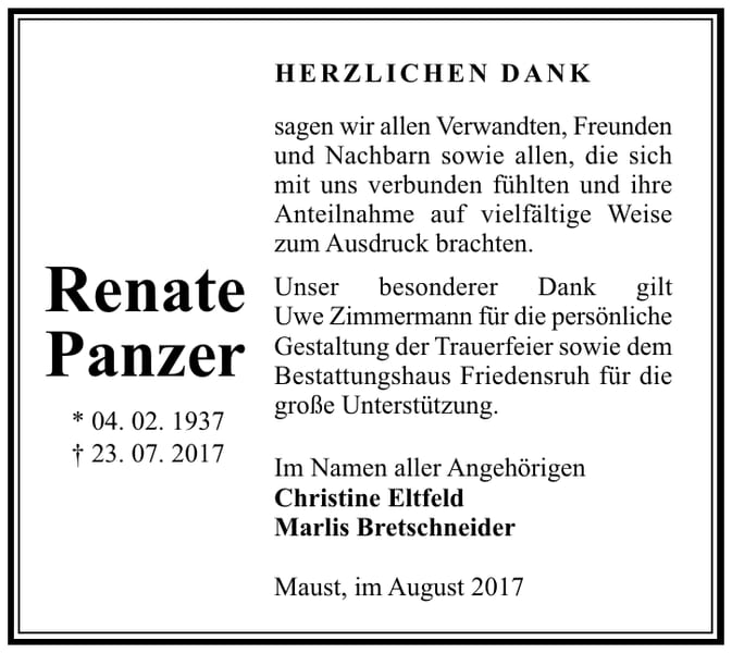 Danksagung Renate Panzer