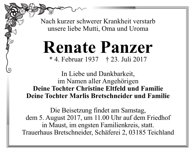 Traueranzeige Renate Panzer
