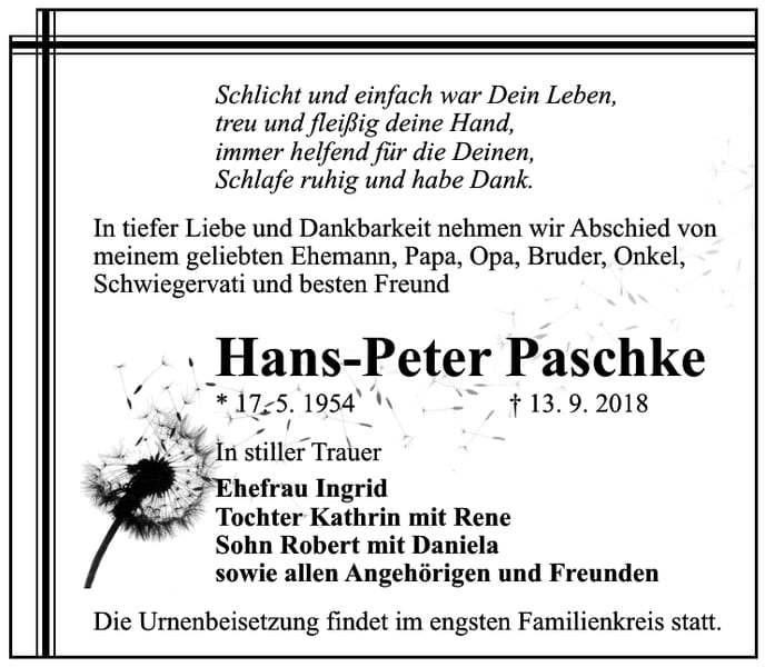 Traueranzeige Hans-Peter Paschke