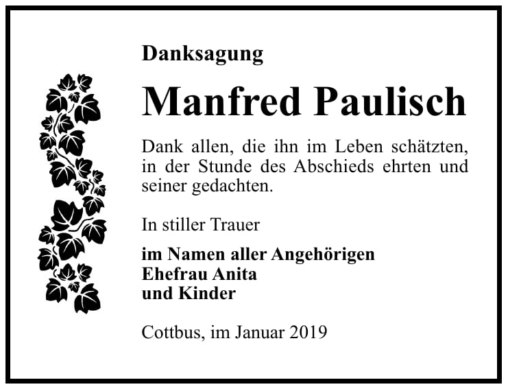 Traueranzeige Manfred Paulisch