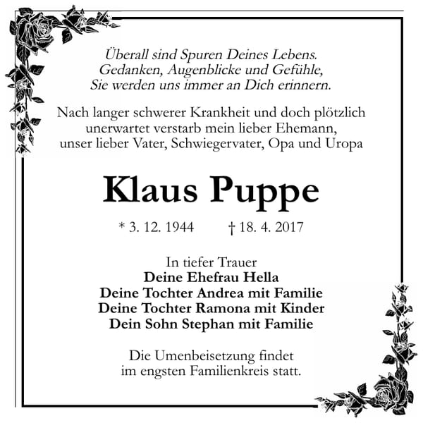 Traueranzeige Klaus Puppe