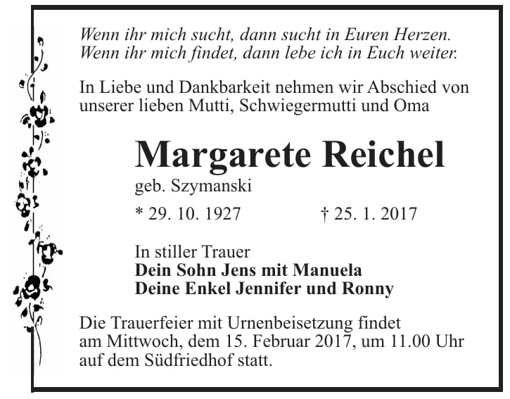 Traueranzeige Margarete Reichel, geb. Szymanski
