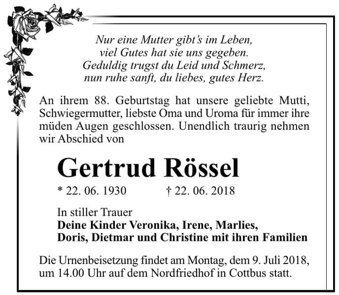Traueranzeige Gertrud Rössel