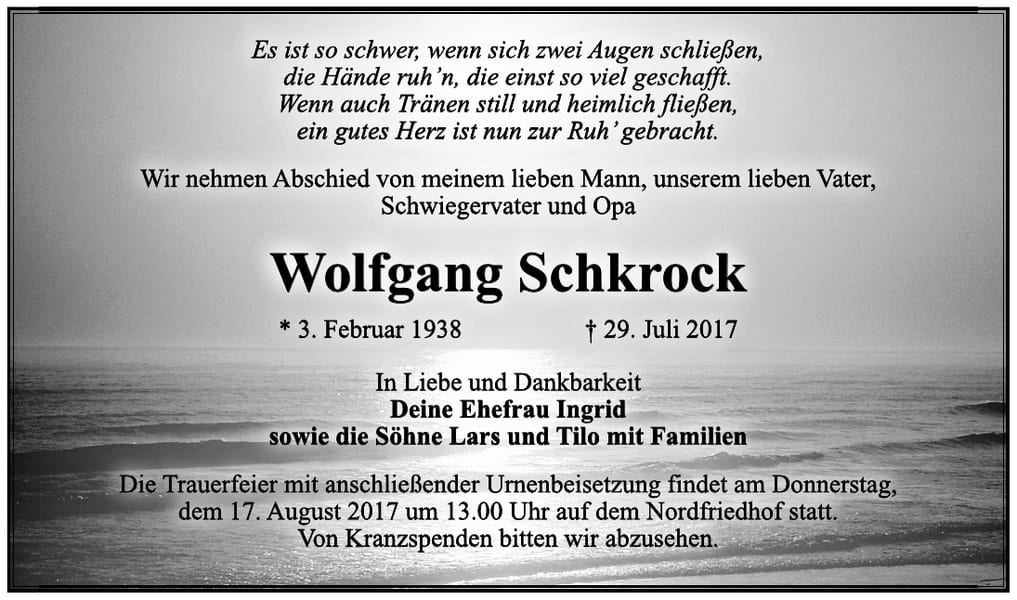 Traueranzeige Wolfgang Schkrock