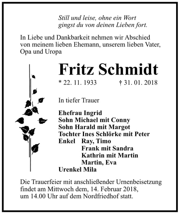 Traueranzeige Fritz Schmidt