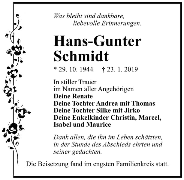 Traueranzeige Hans-Gunter Schmidt