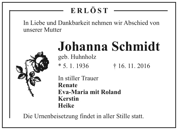 Traueranzeige Johanna Schmidt, geb. Huhnholz