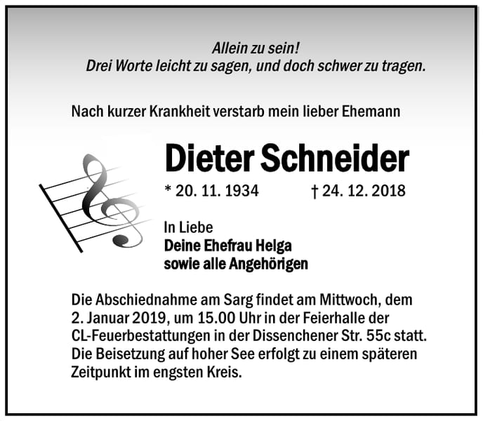 Traueranzeige Dieter Schneider
