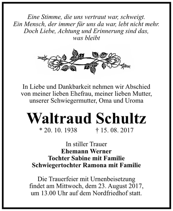 Traueranzeige Waltraud Schultz