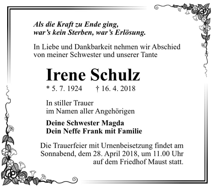 Traueranzeige Irene Schulz